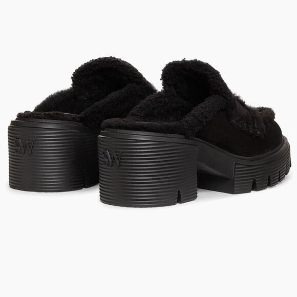 Stuart Weitzman Soho Chill Suede Shearling Loafer Mule Black 9.5B Platform - Picture 8 of 12